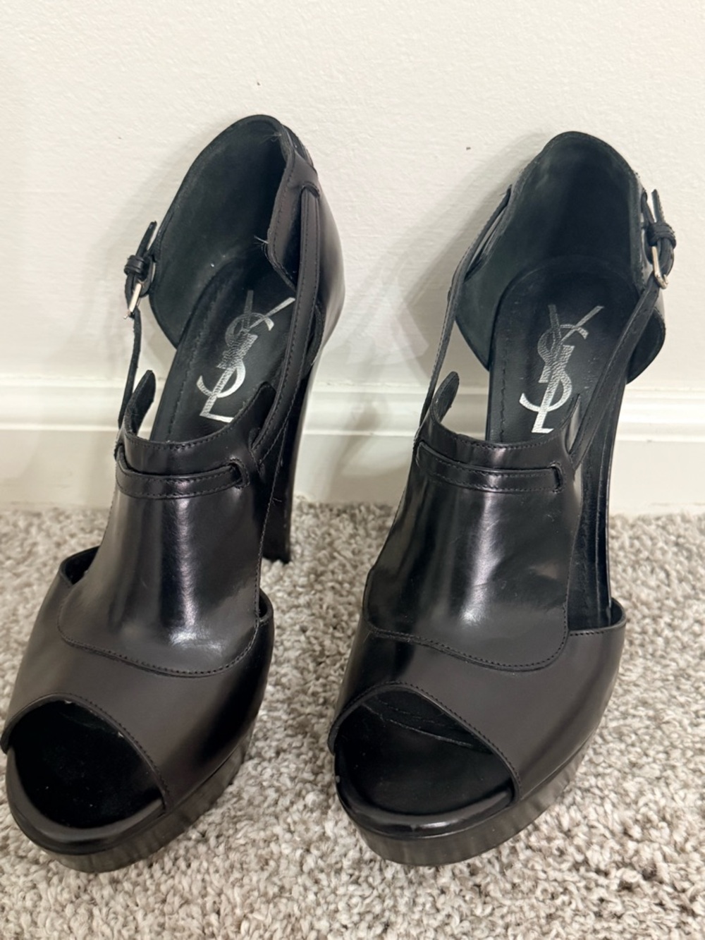 Yves Saint Laurent Black Leather Platform Peep-Toe Heels